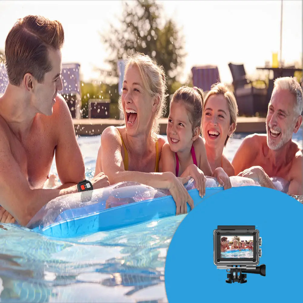 Family enjoying a splash in the pool, capturing fun moments with an Action Camera