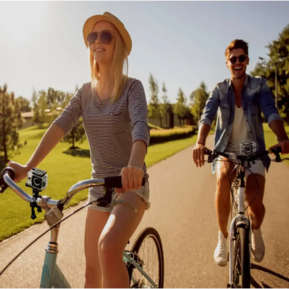 Two cyclists with action cameras, highlighting Womens Clothing Deals and Action Camera features