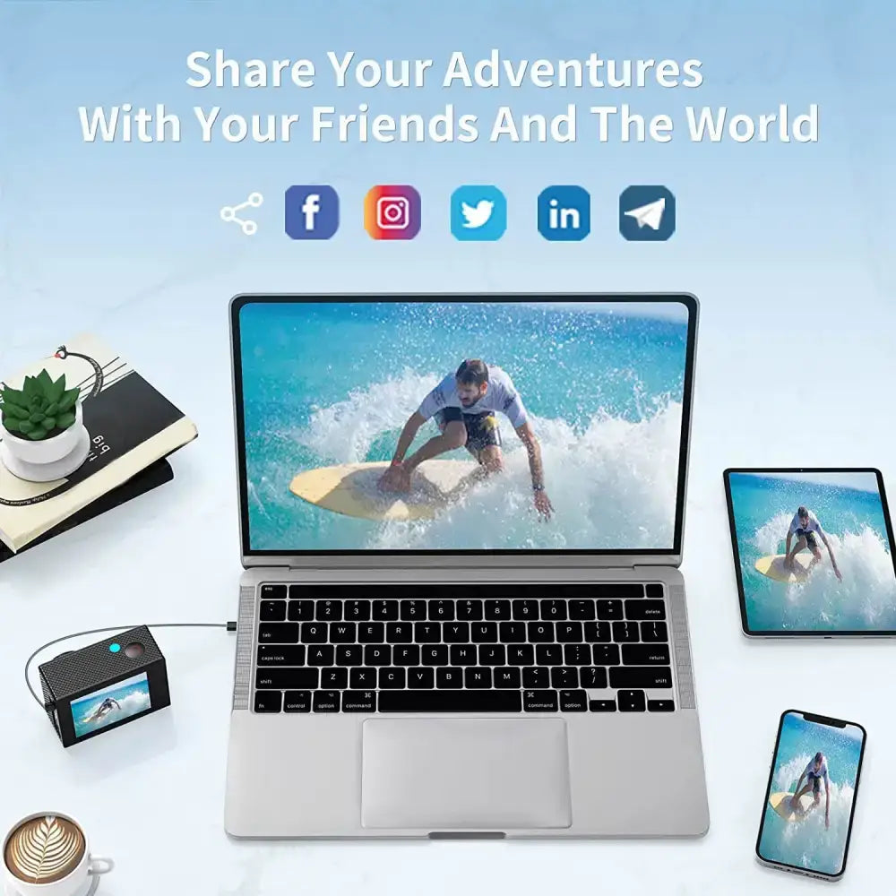 Action camera connected to a laptop for editing womens clothing deals videos