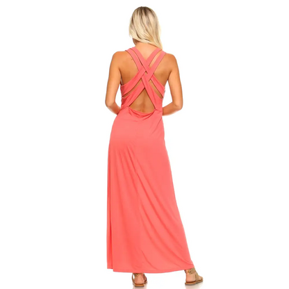 Women’s Halter Maxi Dress with Cross Back Straps - Dresses