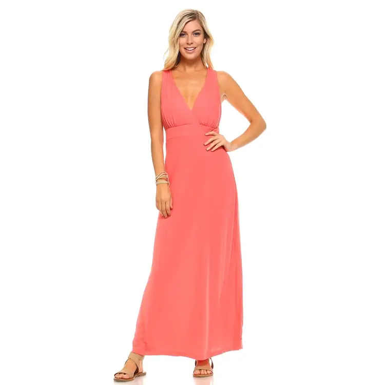 Women’s Halter Maxi Dress with Cross Back Straps - Small / Coral - Dresses