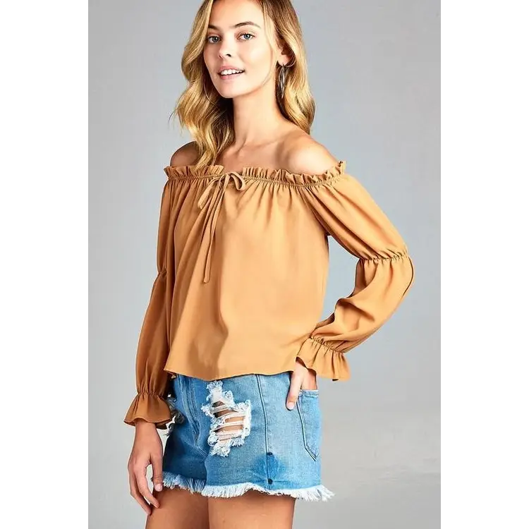 Women’s Puff Long Sleeve Ruffled Front Tie Off Shoulder Top - Large / Golden Yellow - Tops & Blouses