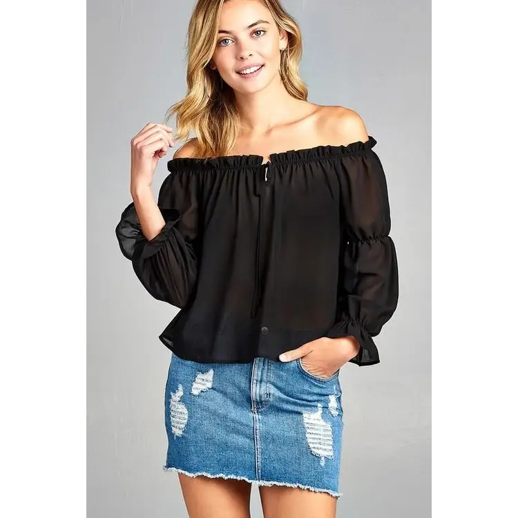 Women’s Puff Long Sleeve Ruffled Front Tie Off Shoulder Top - Medium / Black - Tops & Blouses