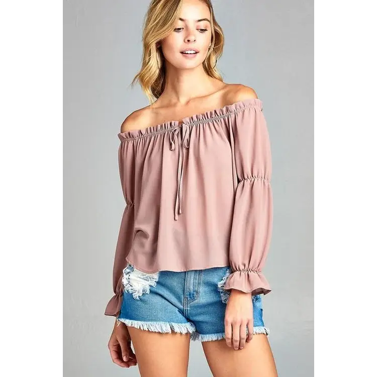 Women’s Puff Long Sleeve Ruffled Front Tie Off Shoulder Top - Small / Mauve - Tops & Blouses