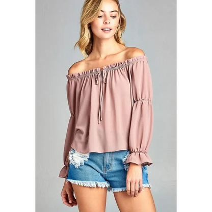 Women’s Puff Long Sleeve Ruffled Front Tie Off Shoulder Top - Small / Mauve - Tops & Blouses