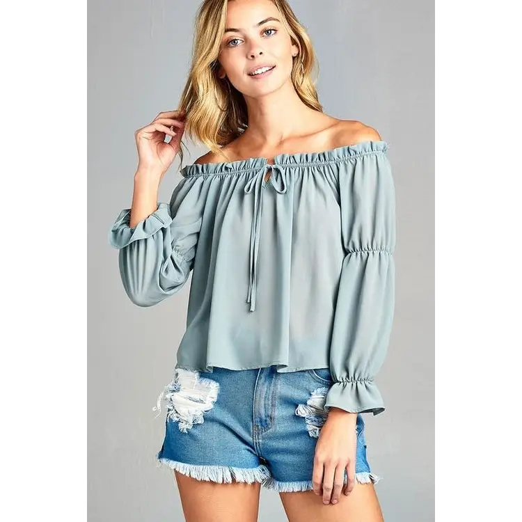 Women’s Puff Long Sleeve Ruffled Front Tie Off Shoulder Top - Small / Sage 4 - Tops & Blouses