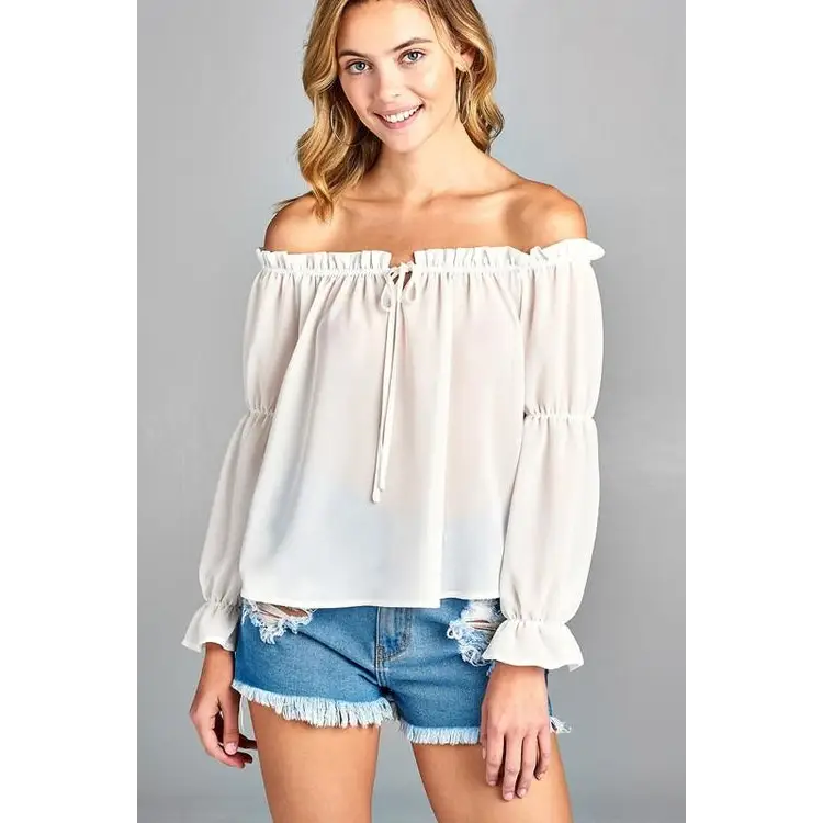 Women’s Puff Long Sleeve Ruffled Front Tie Off Shoulder Top - Small / White - Tops & Blouses