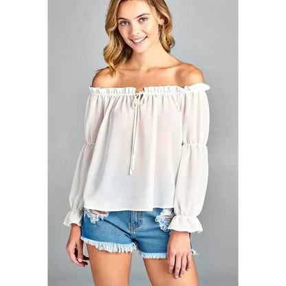 Women’s Puff Long Sleeve Ruffled Front Tie Off Shoulder Top - Small / White - Tops & Blouses