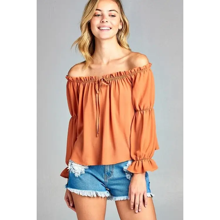 Women’s Puff Long Sleeve Ruffled Front Tie Off Shoulder Top - Small / Apricot - Tops & Blouses