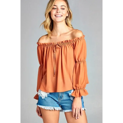 Women’s Puff Long Sleeve Ruffled Front Tie Off Shoulder Top - Small / Apricot - Tops & Blouses