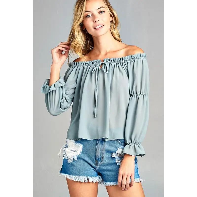 Women’s Puff Long Sleeve Ruffled Front Tie Off Shoulder Top - Tops & Blouses