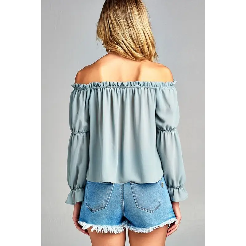 Women’s Puff Long Sleeve Ruffled Front Tie Off Shoulder Top - Tops & Blouses