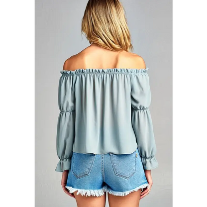 Women’s Puff Long Sleeve Ruffled Front Tie Off Shoulder Top - Tops & Blouses