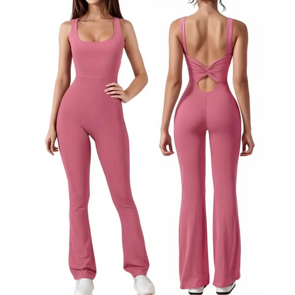 Stylish Pink Flared Jumpsuit, perfect as a Workout Flare Jumpsuit or Backless Yoga Romper