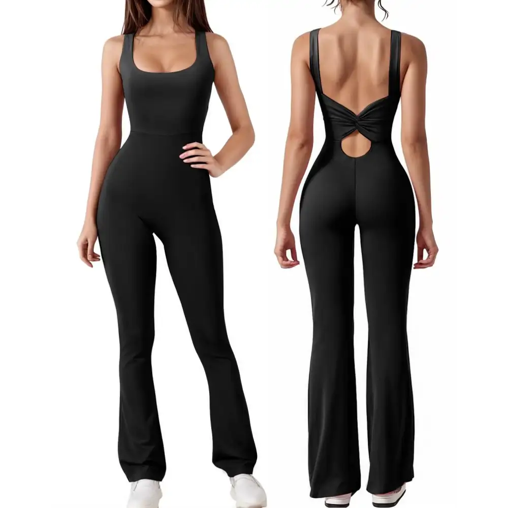 Black form-fitting workout flare jumpsuit, backless yoga romper for stylish gym workouts