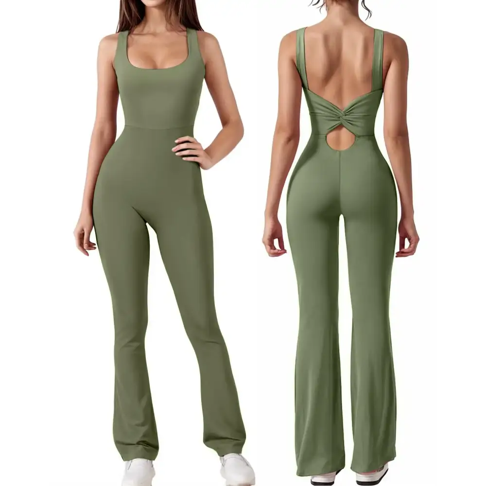 Olive green backless yoga romper, stylish workout flare jumpsuit for gym vibes