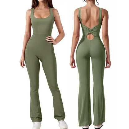 Olive green backless yoga romper perfect for workouts and flaunting your style