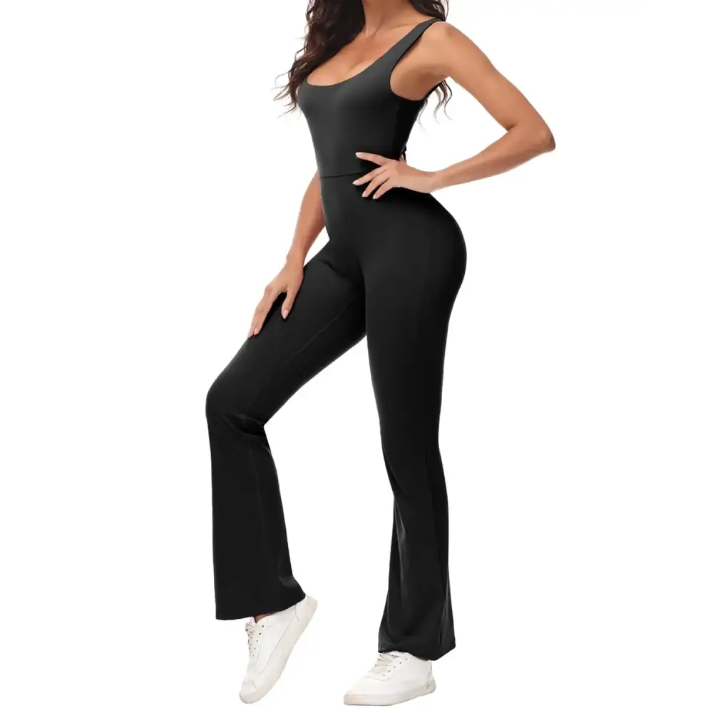 Black sleeveless workout flare jumpsuit, perfect as a backless yoga romper for gym vibes