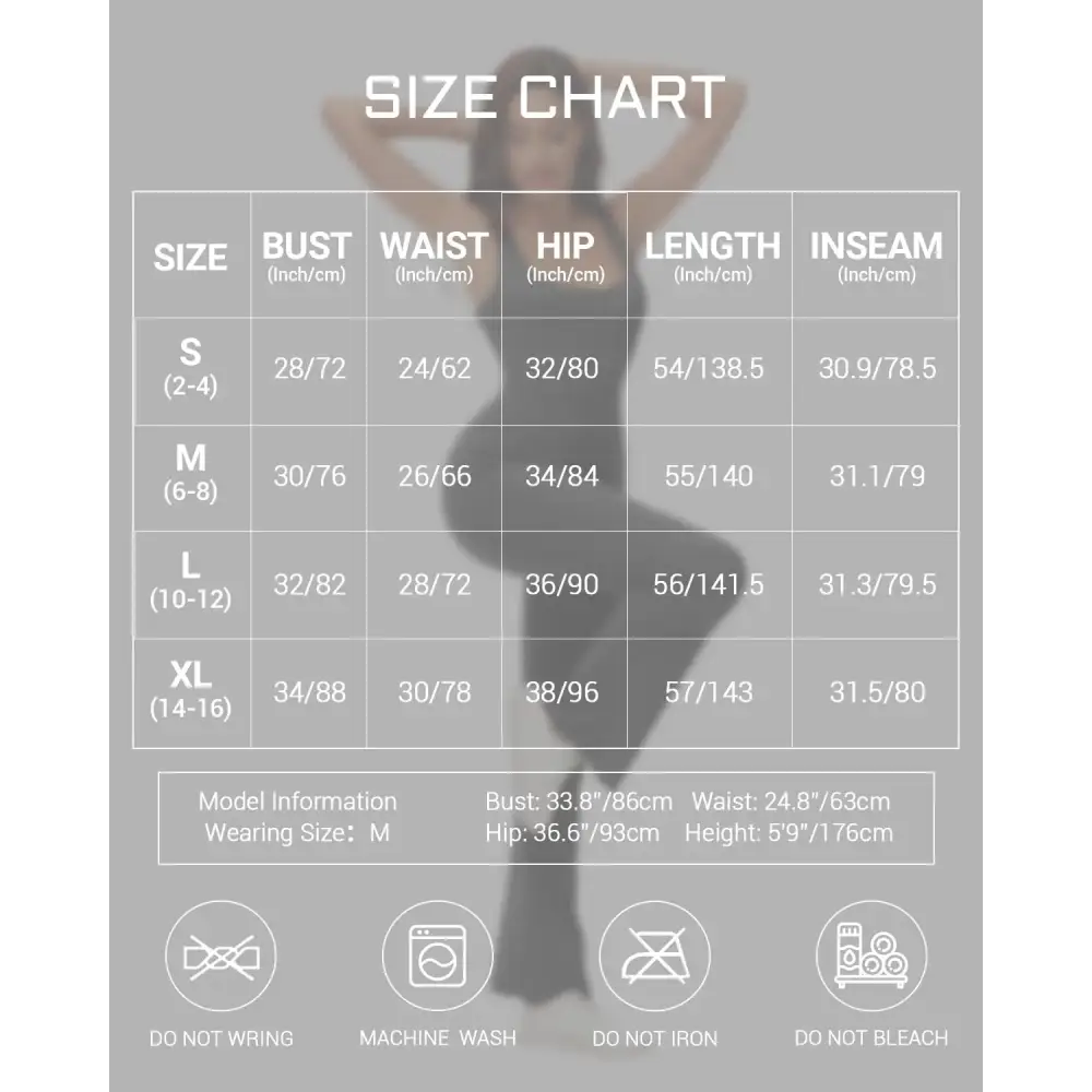 Clothing size chart for Women’s Workout Flare Jumpsuit Backless Yoga Romper