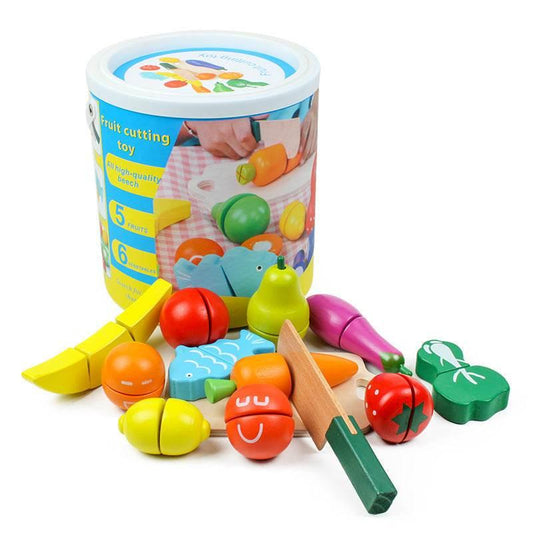 Wooden Food Playset: Fruit, Veggie & Cutting Fun! - Estalios