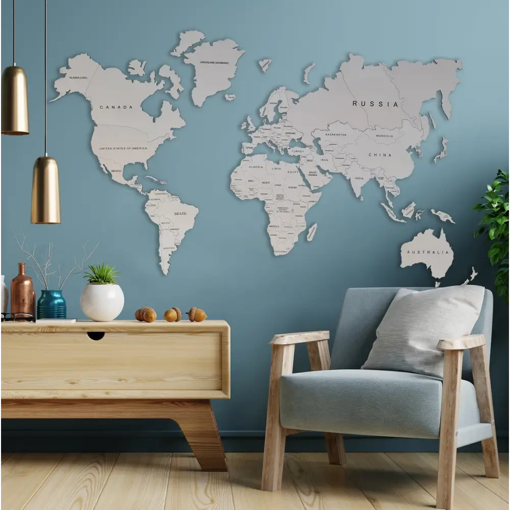 Stylish Wooden World Map White Rustic Decor perfect for your home or office vibe