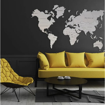 Yellow living room furniture with Wooden World Map White Rustic Decor for a stylish vibe