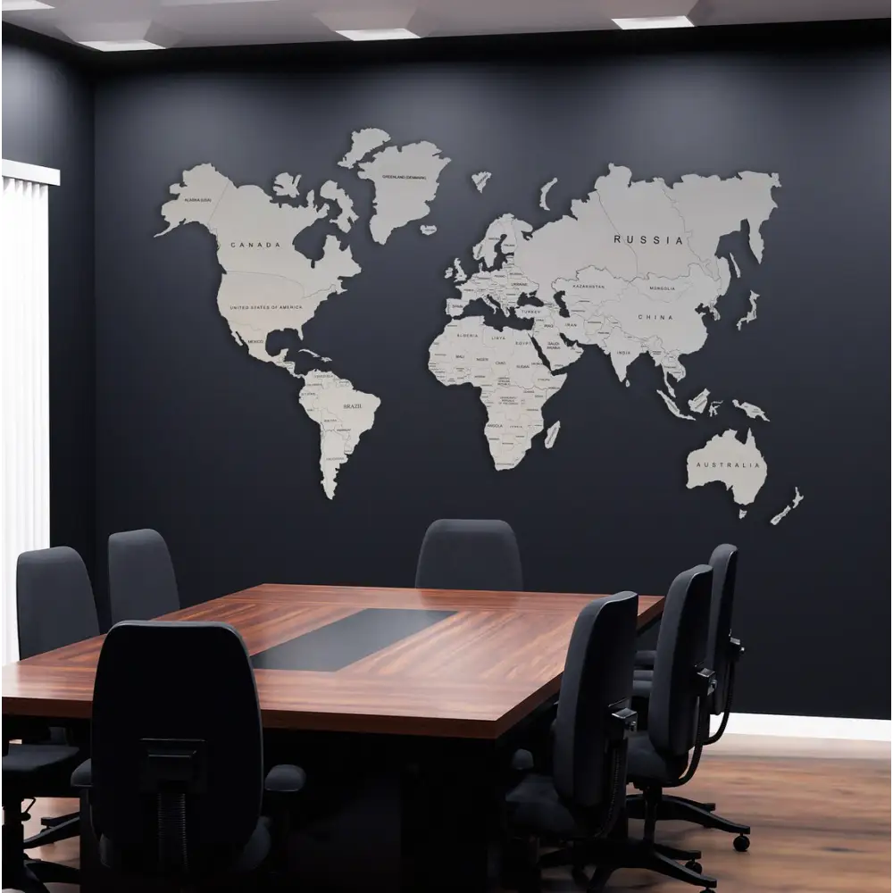 Wooden conference table with chairs, featuring Wooden World Map White Rustic Decor design