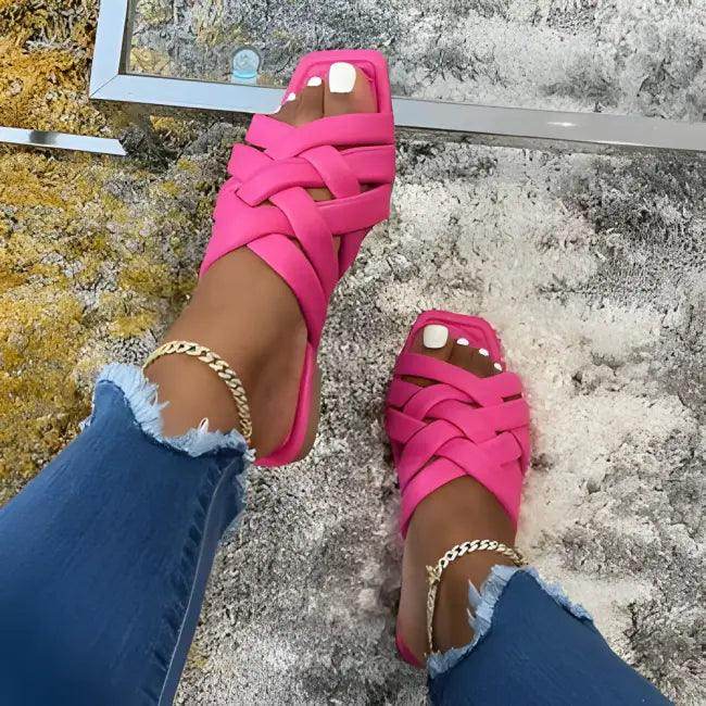 Stylish Woven Slide Sandals in White, Pink, Light Blue - Estalios