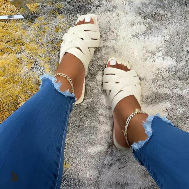 Stylish Woven Slide Sandals in White, Pink, Light Blue - Estalios