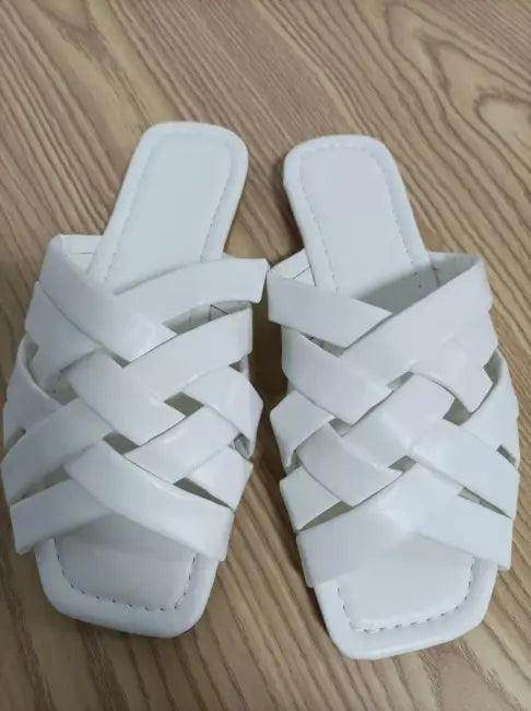 Stylish Woven Slide Sandals in White, Pink, Light Blue - Estalios