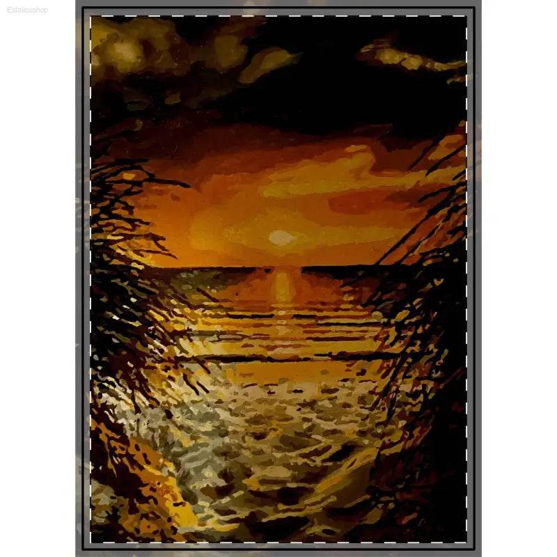 Framed sunset beach painting.