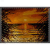 Sunset over water framed by foliage.