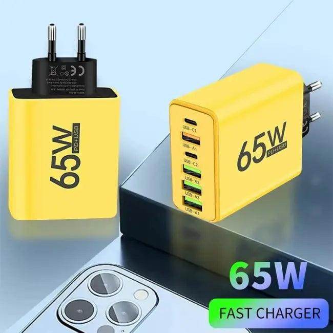 Bold Yellow 65W Multi-Port Fast Charger for Quick Power - Estalios