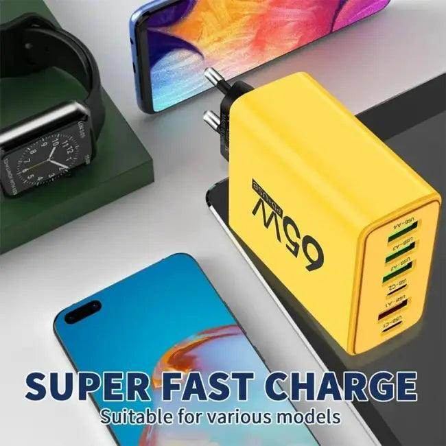 Bold Yellow 65W Multi-Port Fast Charger for Quick Power - Estalios