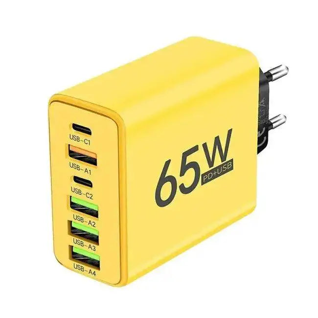 Bold Yellow 65W Multi-Port Fast Charger with Quick Power Delivery for Home and Travel