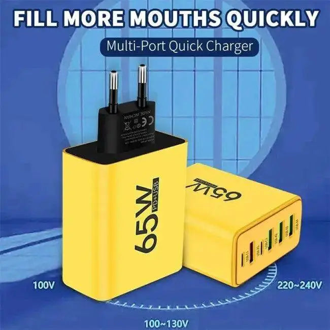Bold Yellow 65W Multi-Port Fast Charger with Quick Power Delivery for Home and Travel