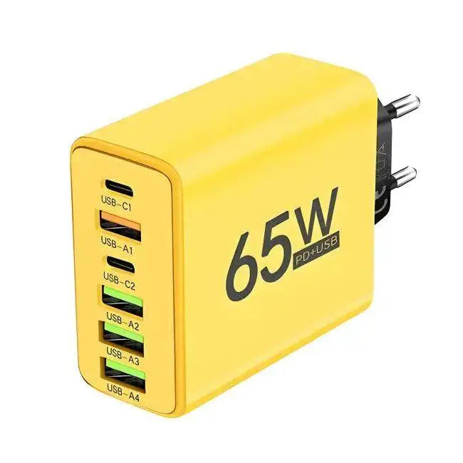 Bold Yellow 65W Multi-Port Fast Charger with Quick Power Delivery for Home and Travel
