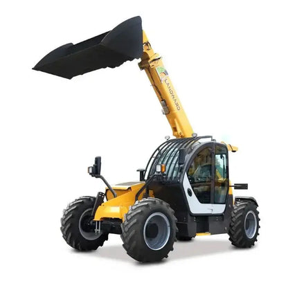 Yellow telescopic arm forklift loader with black bucket ready for lifting tasks