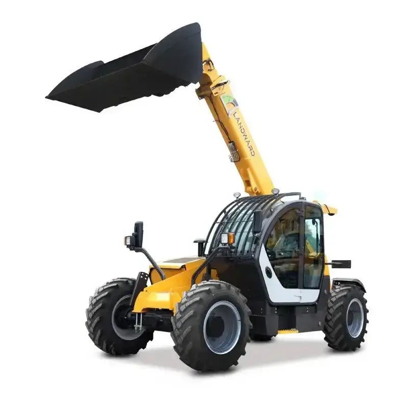 Yellow Telescopic Forklift High Horsepower Mini with a black bucket for easy handling