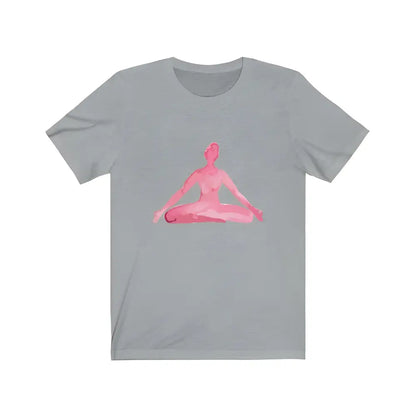 Gray t-shirt featuring a pink yoga meditation pose figure for relaxed vibes