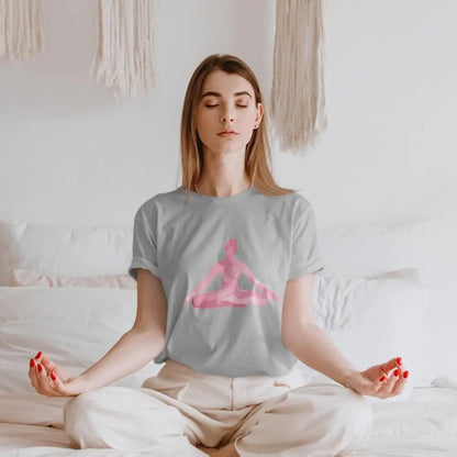 Woman in gray t-shirt featuring a yoga meditation pose print for yoga lovers