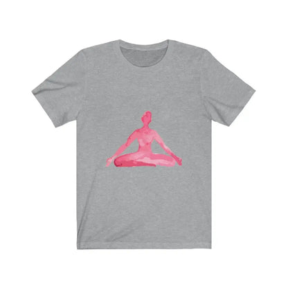 Gray t-shirt featuring a pink yoga meditation pose print for mindful movement