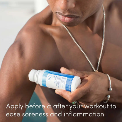 White and blue roll-on bottle of YUNI Chillax Muscle Recovery Gel for soothing relief