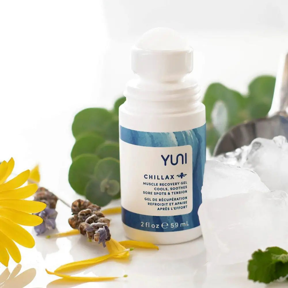 White bottle of Yuni Chillax Muscle Recovery Gel for post-workout relief and relaxation