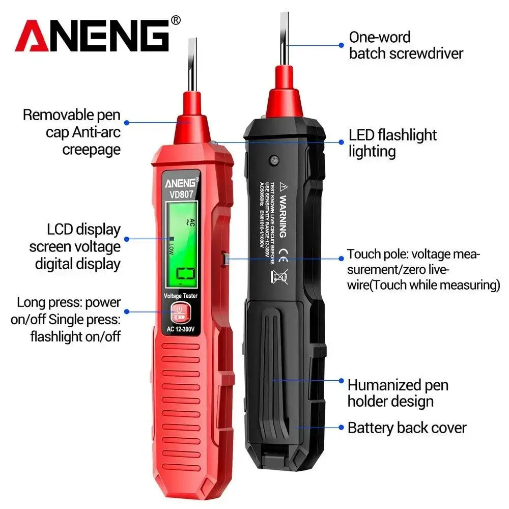 ZapCheck VD807 Digital Voltage Tester Pen with LCD display and flashlight features